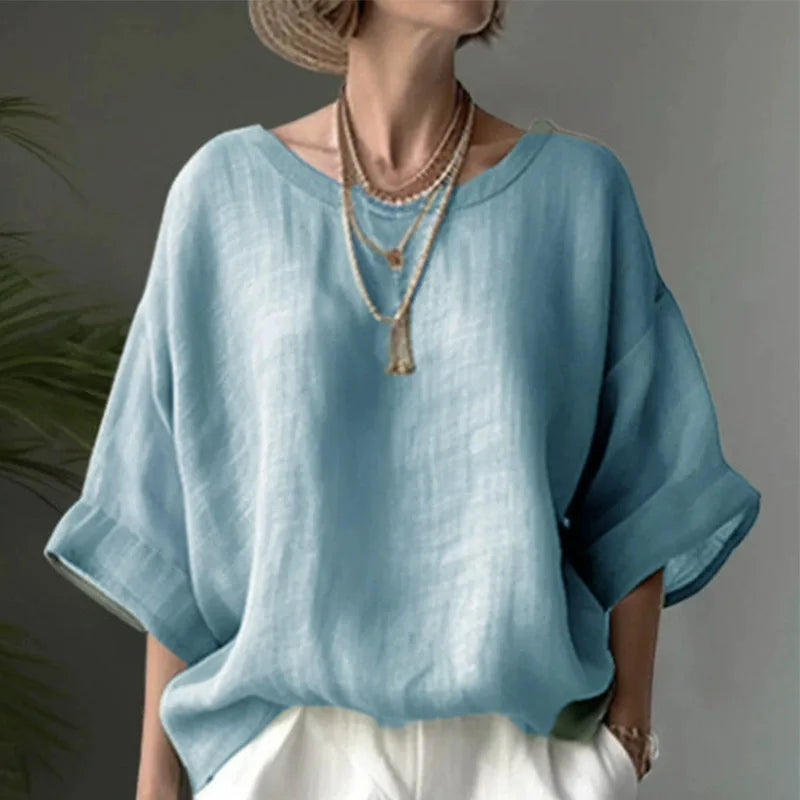 Women Cotton Linen Shirt Oversize Loose Blouse And Tops Summer O Neck Half Sleeve Solid Color Blouse Elegant Top Female