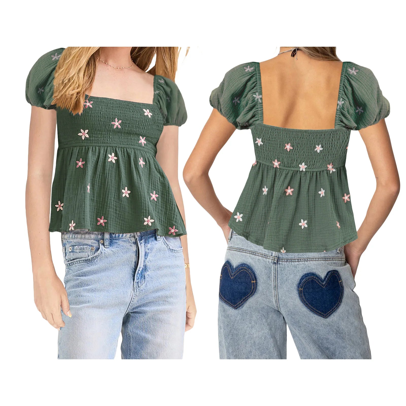 Combhasaki Women Short Puff Sleeve Shirts Flower Embroidered Smocked Square Neck Babydoll Blouses Summer Casual Tops Streetwear