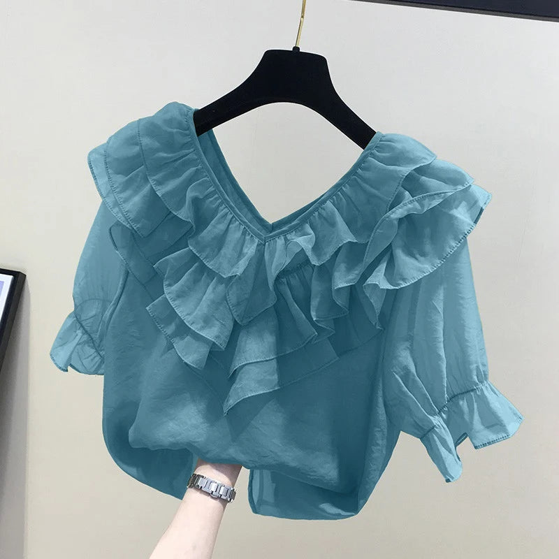 ZANZEA Women Solid Ruffle Blouse Vintage 3/4 Sleeve V-Neck Chemise 2024 Summer Office Chiffon Shirts Casual Loose Stitching Tops