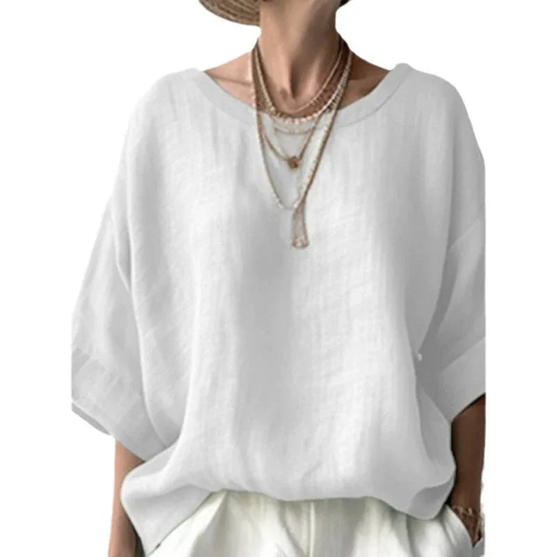Women Cotton Linen Shirt Oversize Loose Blouse And Tops Summer O Neck Half Sleeve Solid Color Blouse Elegant Top Female