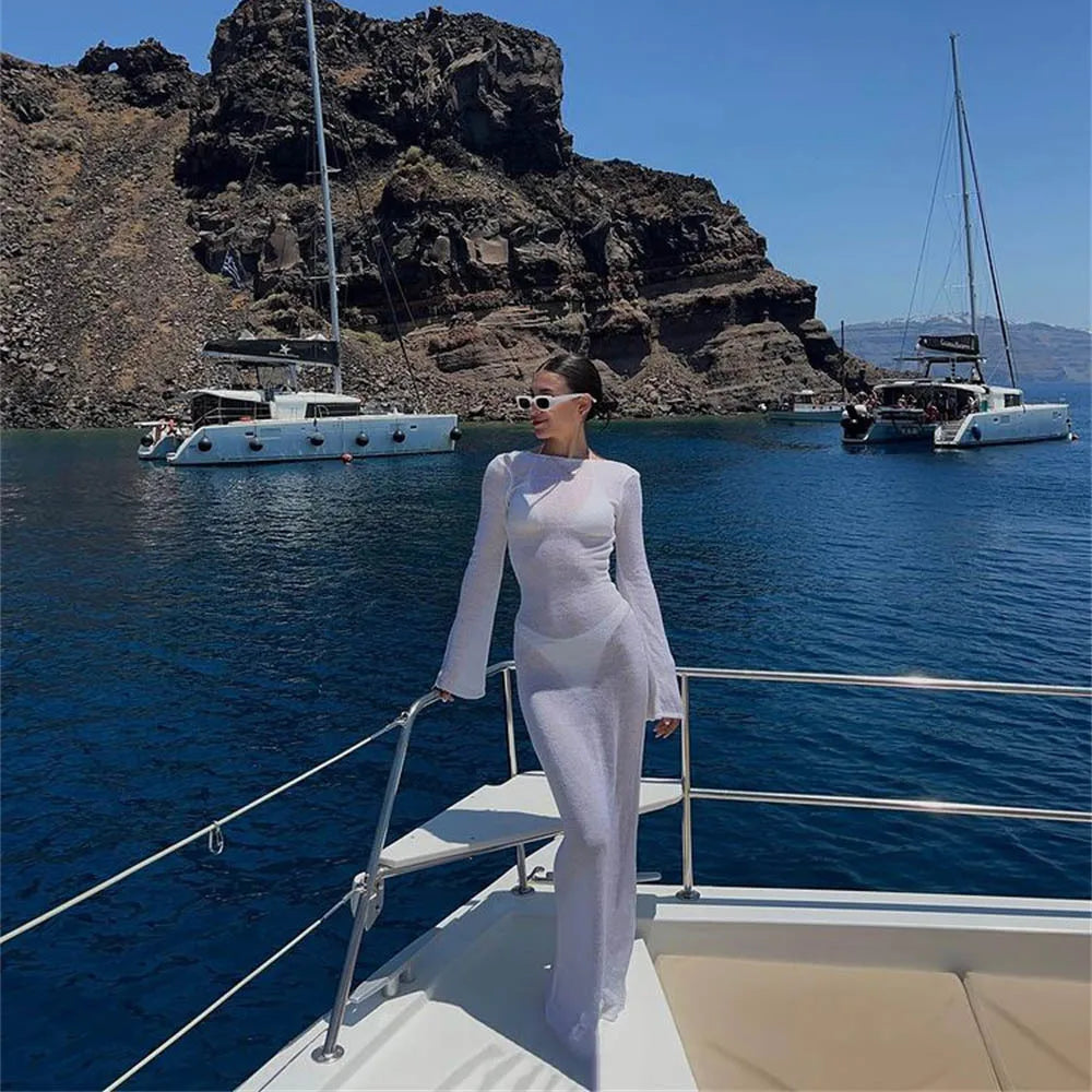 Ulvly Backless Long Sleeve Sheer Beach Dress
