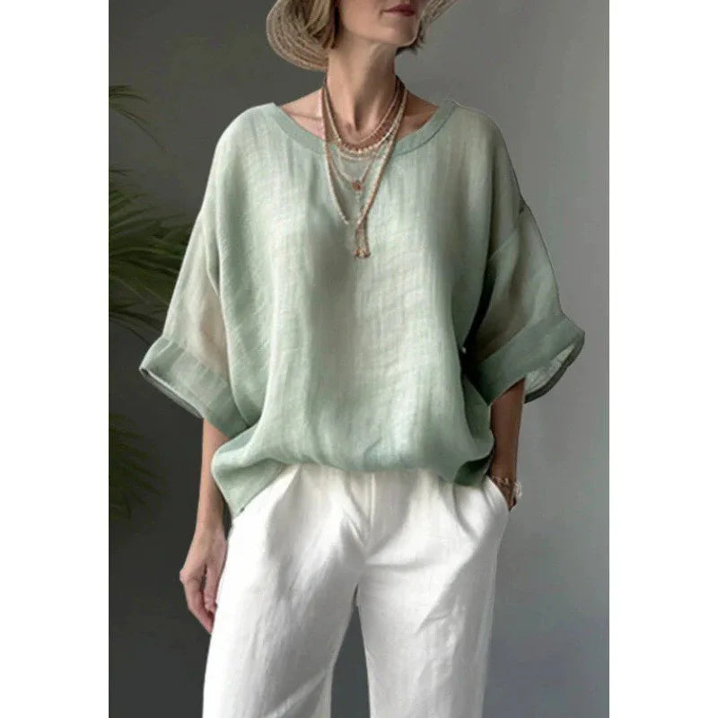 Women Cotton Linen Shirt Oversize Loose Blouse And Tops Summer O Neck Half Sleeve Solid Color Blouse Elegant Top Female
