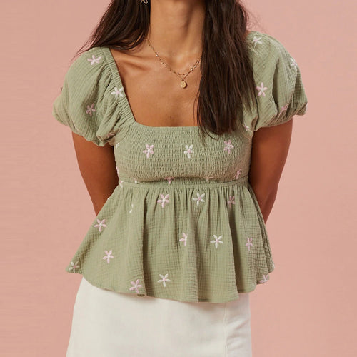 Combhasaki Women Short Puff Sleeve Shirts Flower Embroidered Smocked Square Neck Babydoll Blouses Summer Casual Tops Streetwear