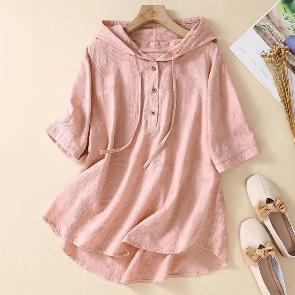 Elegant Women Blouse Shirt Hooded Cotton Linen Solid Color Buttons Half Placket Short Sleeve Top Thin Loose Blouse